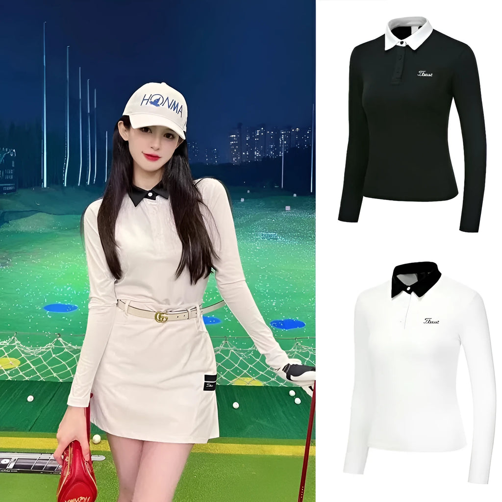 Women's white slim-fit long sleeve polyester sports top for golf and outdoor activities.