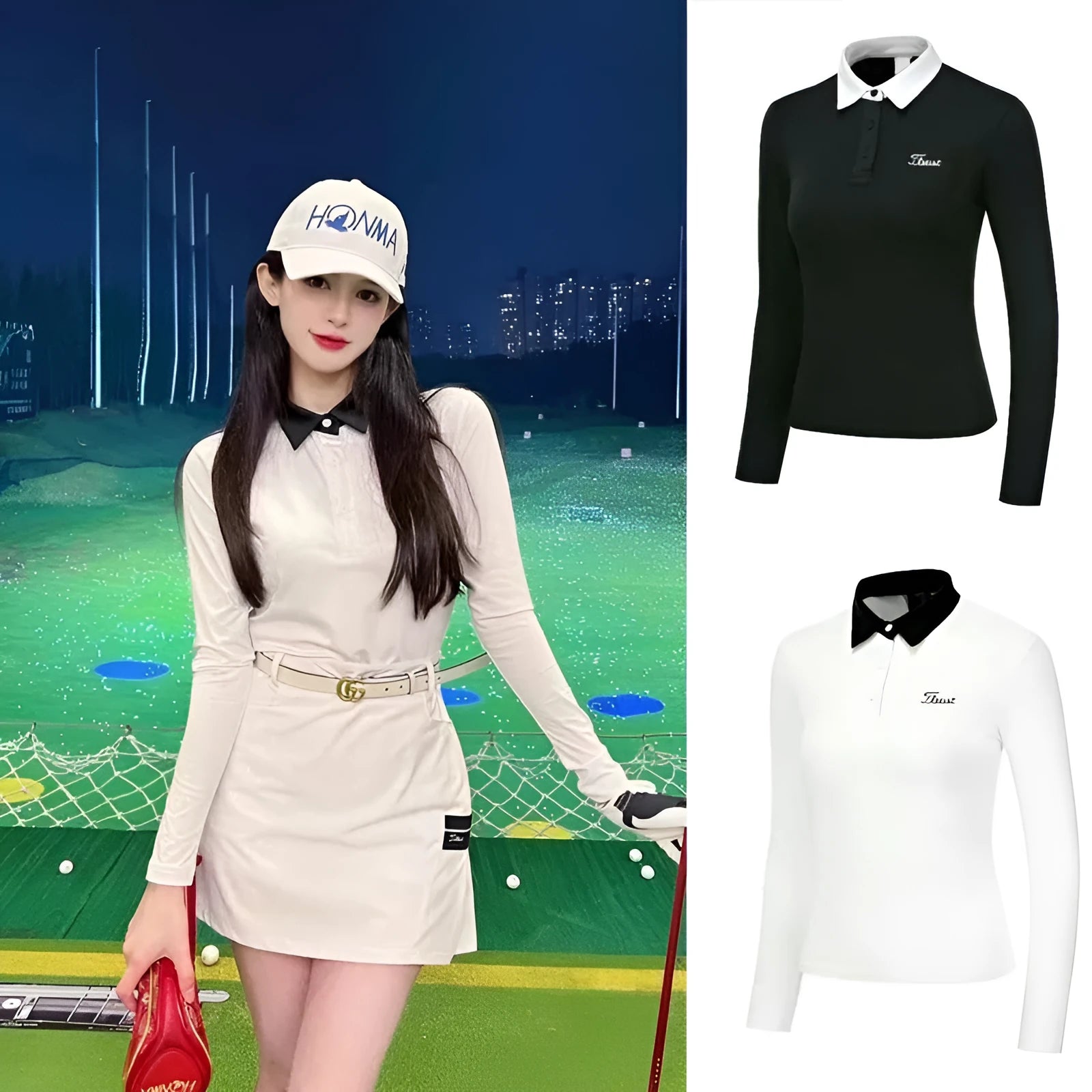 Women's white slim-fit long sleeve polyester sports top for golf and outdoor activities.