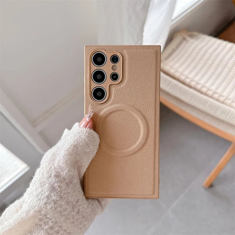 Samsung magnetic phone case in plain leather TPU with embossed craft, black colour, drop-resistant cover