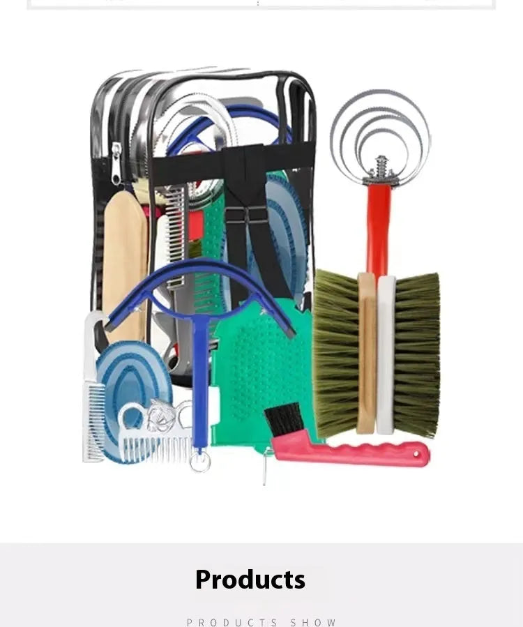 10-piece horse grooming brush set with storage bag including brushes, combs, and hoof tool