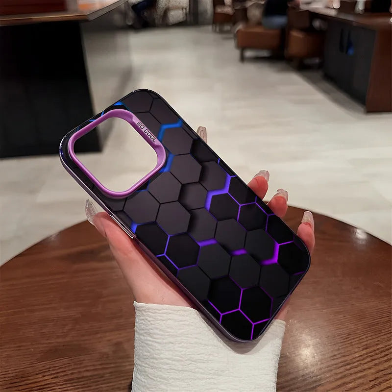 Frosted protective phone case for Apple iPhone with honeycomb square pattern in Moonlight Black.