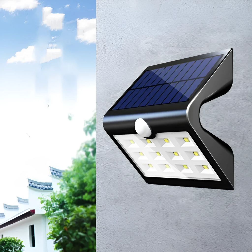 Outdoor solar wall light with motion sensor and IP65 waterproof rating for garden lighting