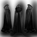 A black satin hooded cloak for children, shown as a Halloween or wizard costume.
