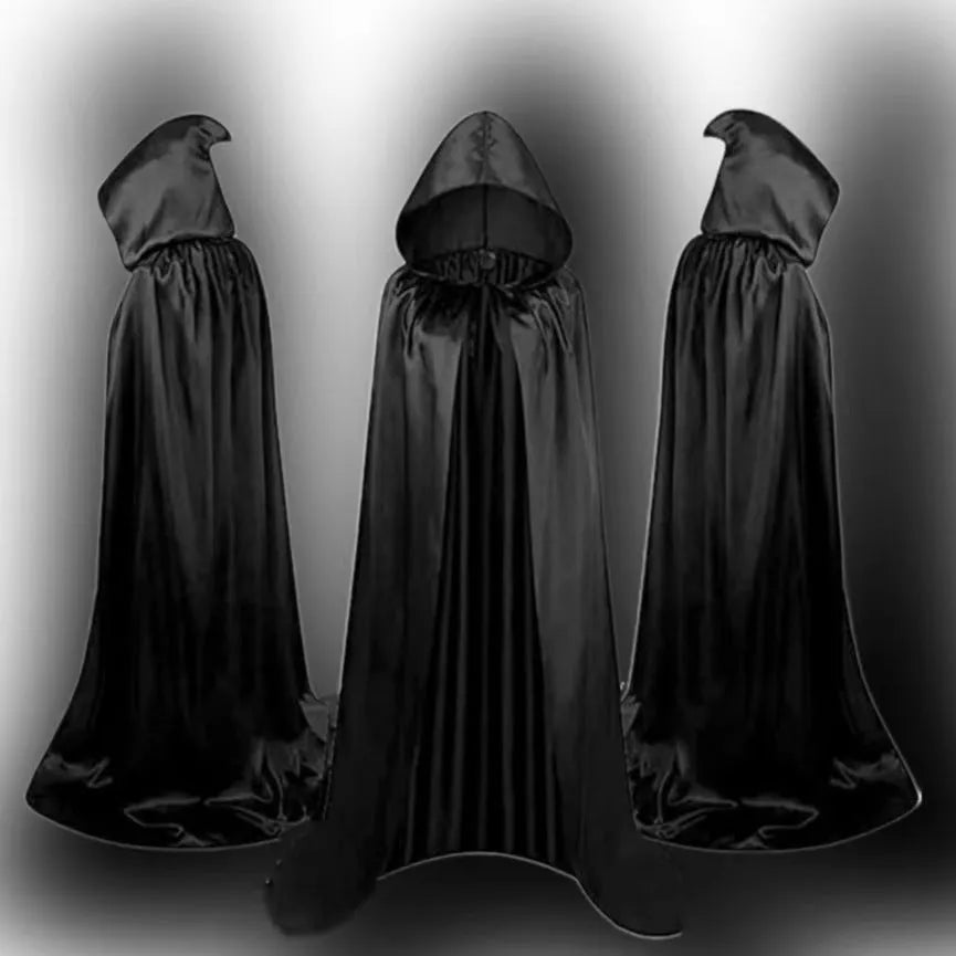 A black satin hooded cloak for children, shown as a Halloween or wizard costume.