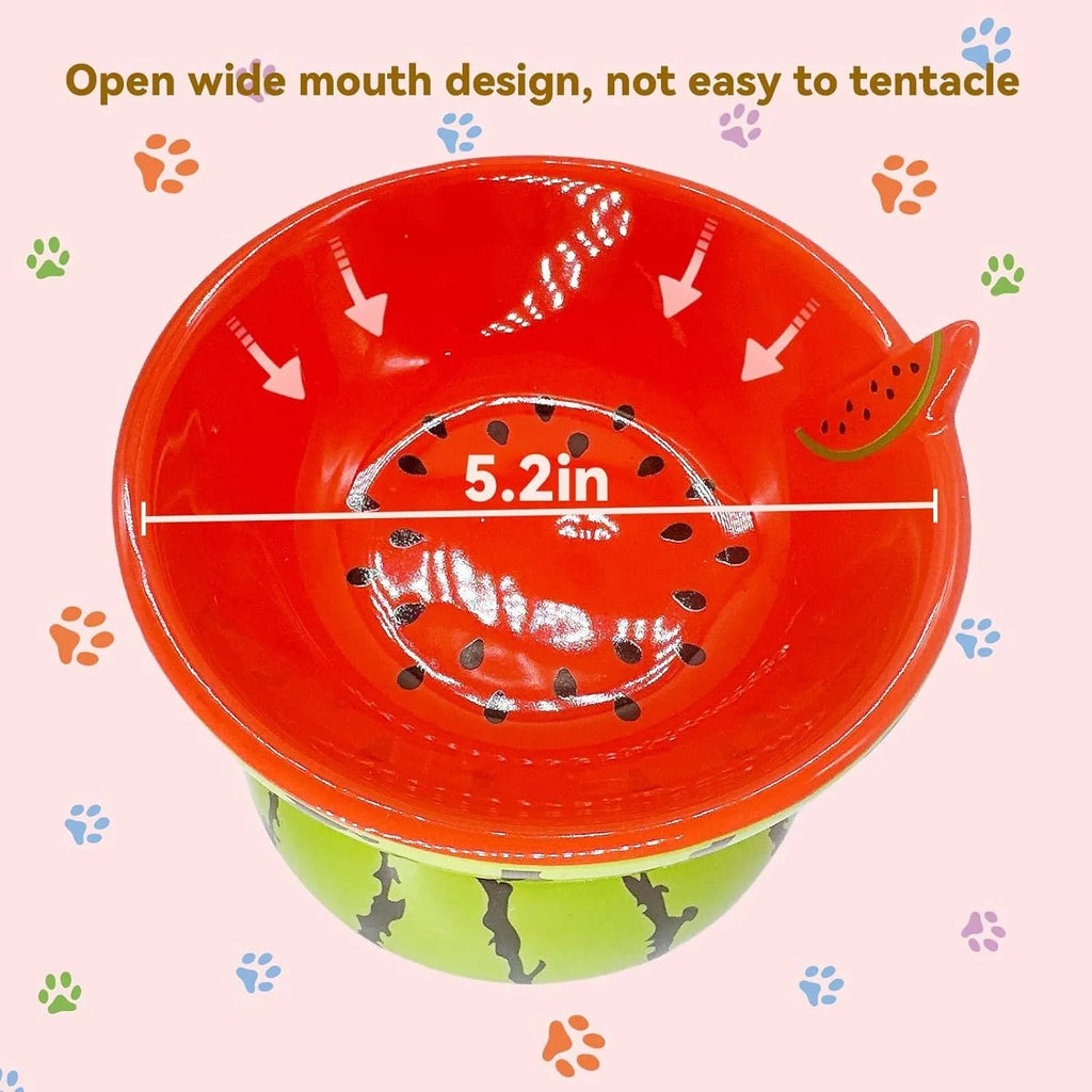 Ceramic raised cat bowl with tilted design, 5-inch height, and patterned surface for indoor pets