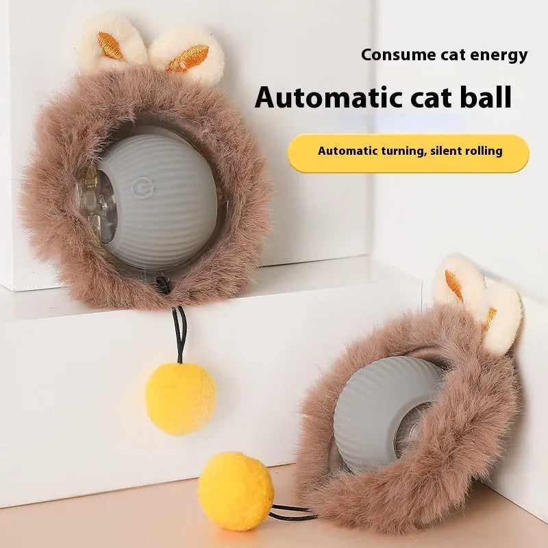 Plush silicone cat ball toy in green colour with rolling movement design