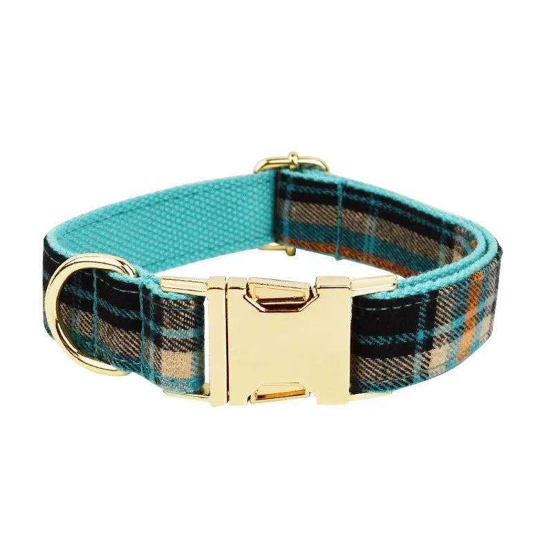Green retro pattern dog collar, leash, bow, and vest four-piece accessory set