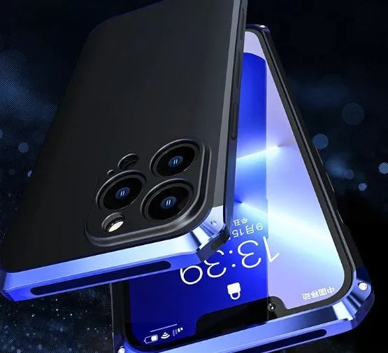 Aluminium alloy and plastic full frame iPhone 13 case in solid black, blue, silver, or yellow