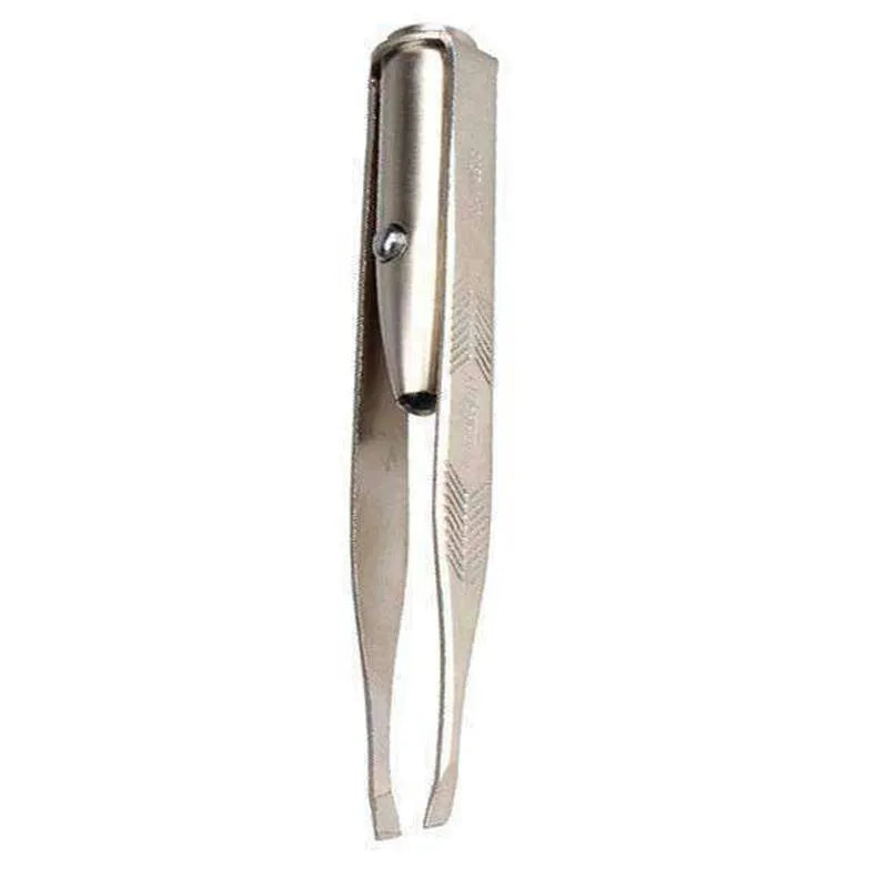 Stainless steel LED beauty tweezers with on/off button and measuring 8.5cm in length.