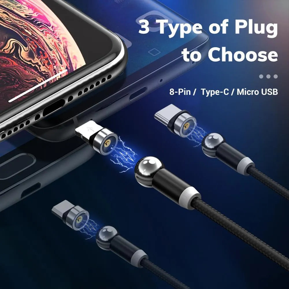 Black spherical magnetic charging cable with LED light showing aluminium alloy connector