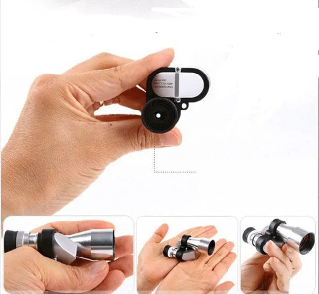 Compact aluminium alloy monocular with 8x magnification and folding rubber eye cover for spectacle wearers