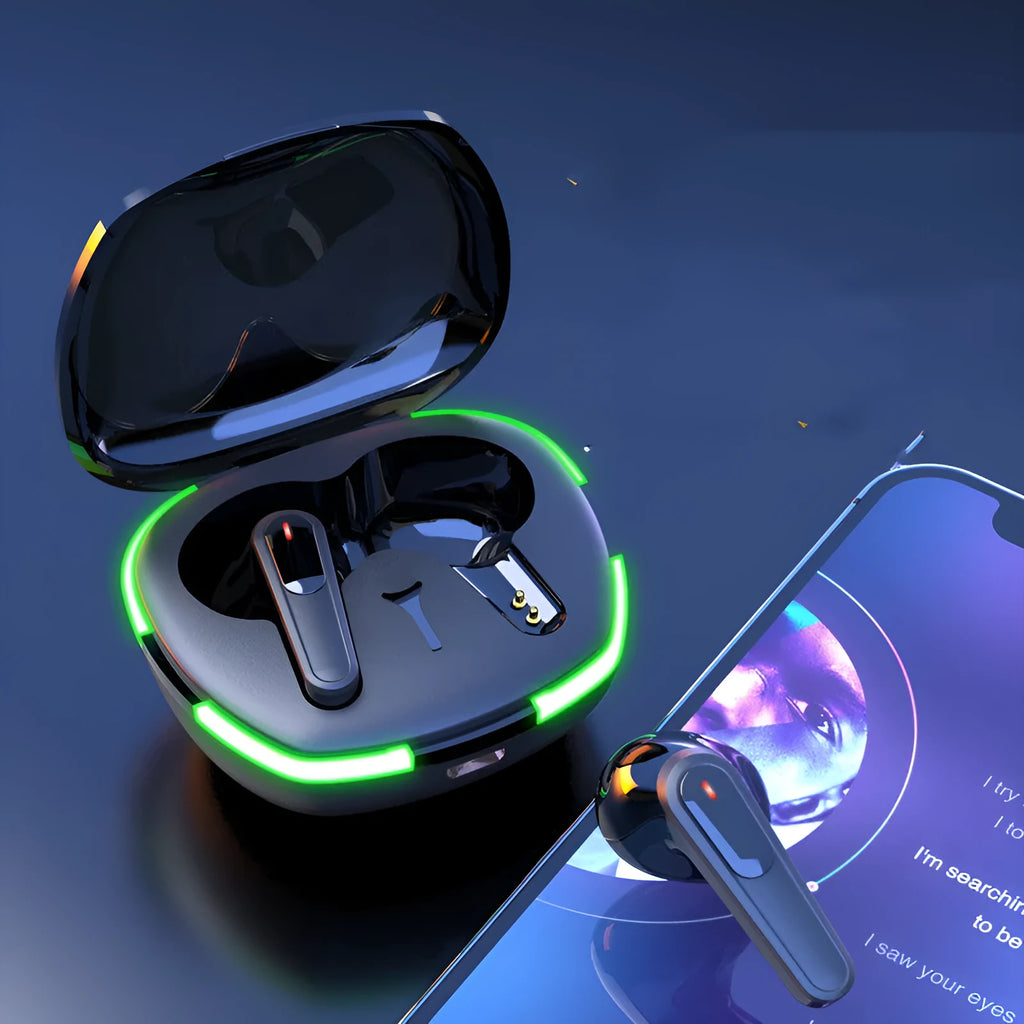 Black Pro60 Bluetooth wireless headset with half in-ear earpieces and charging cabin on a matte surface.
