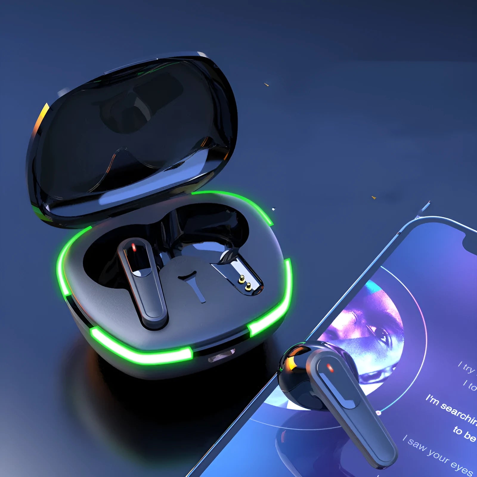 Black Pro60 Bluetooth wireless headset with half in-ear earpieces and charging cabin on a matte surface.