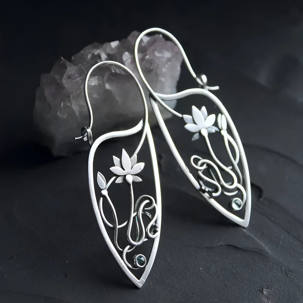 Silver lotus vine earrings with geometric retro design and round elements for women