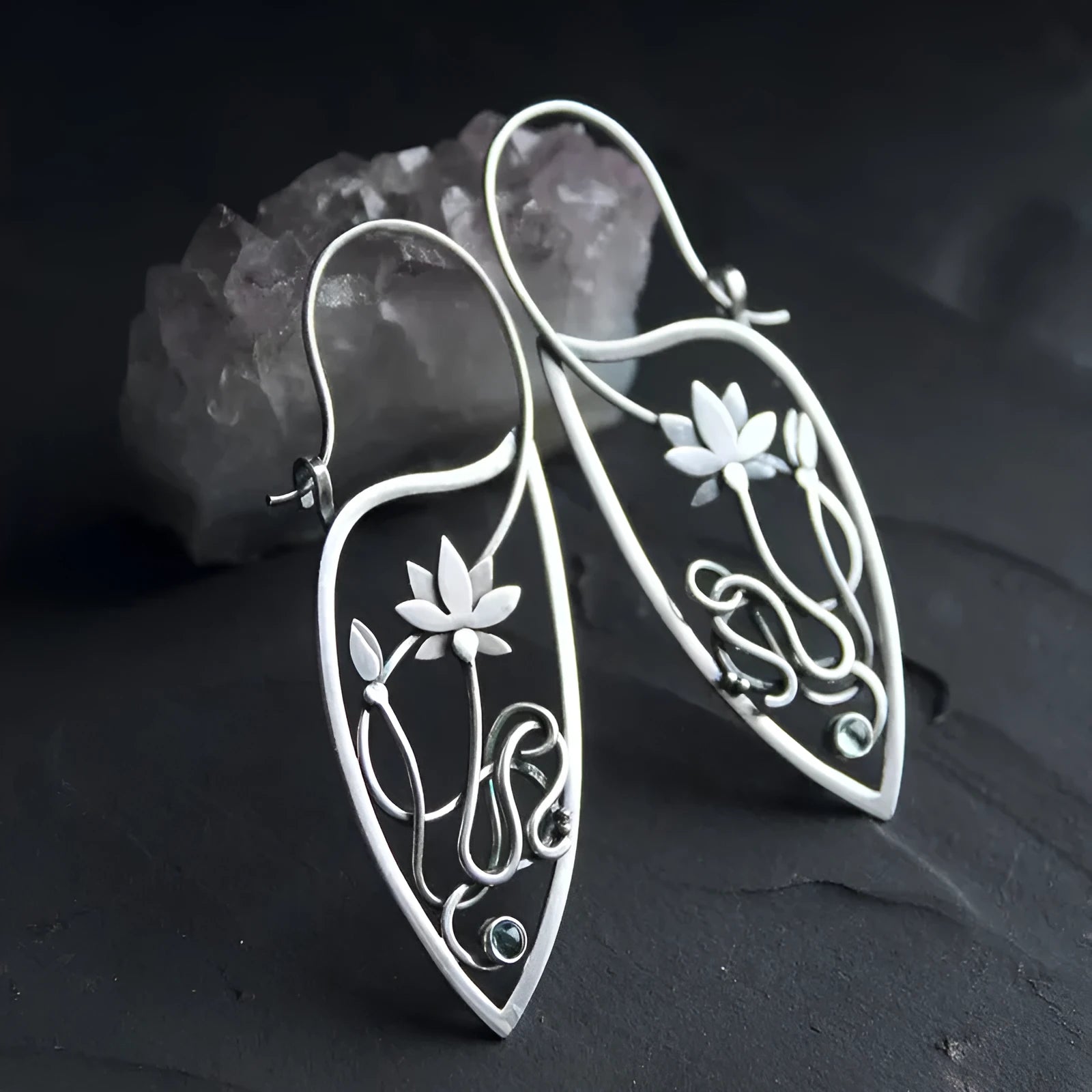 Silver lotus vine earrings with geometric retro design and round elements for women
