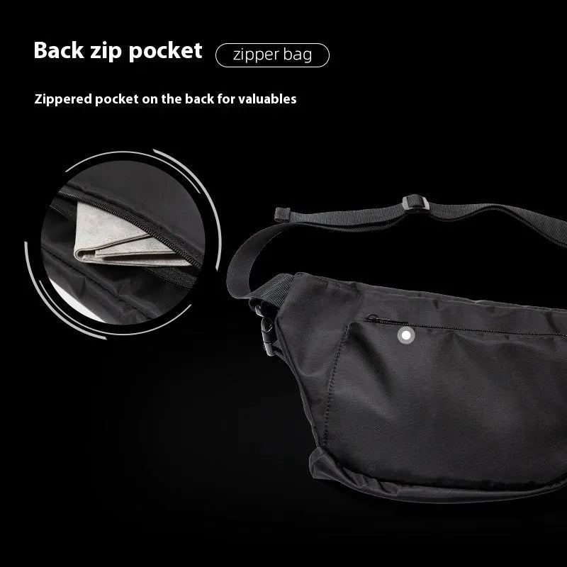 Black men's slanted chest bag with sewing line detail, made from Oxford fabric.