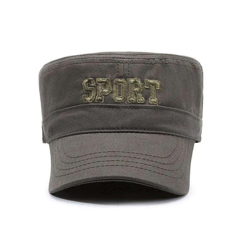 Men's cotton flat-top peaked cap with adjustable strap and dome crown in multiple colour options