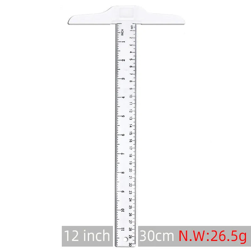 30cm plastic T-shaped ruler with measurement scales in transparent or orange yellow colour options