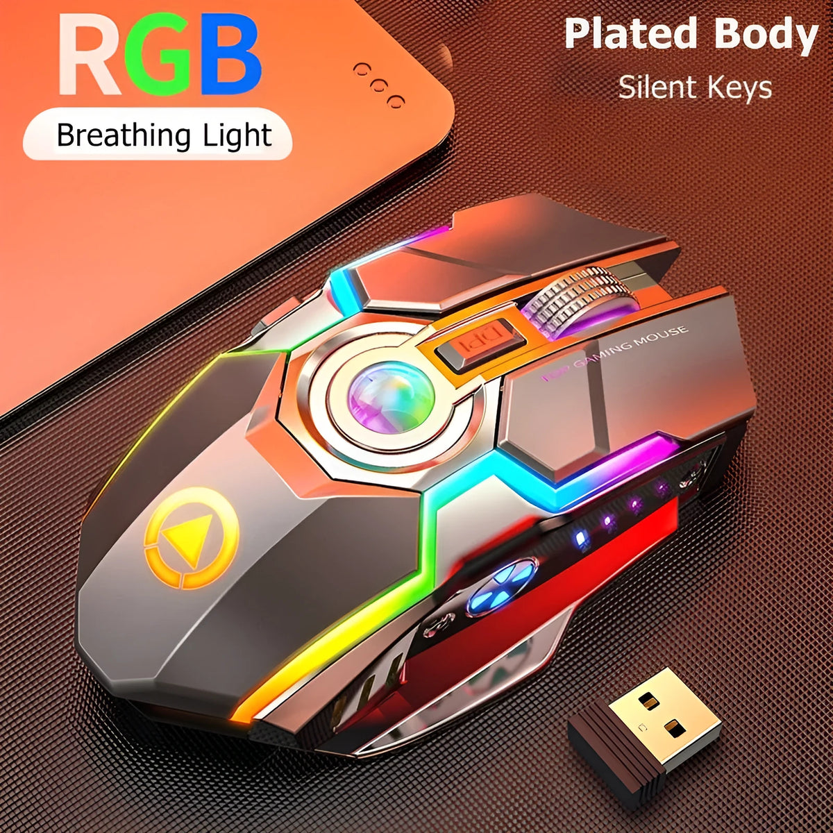 Wireless gaming mouse with RGB lighting, rechargeable battery, mute button, and USB receiver, in black or grey.