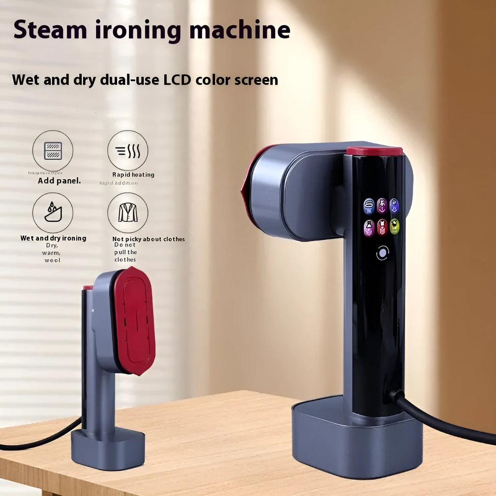 Black handheld rotary steam and dry iron with colour screen, 1500W AC, 5 gear adjustment, 0.9 to 1.3L capacity