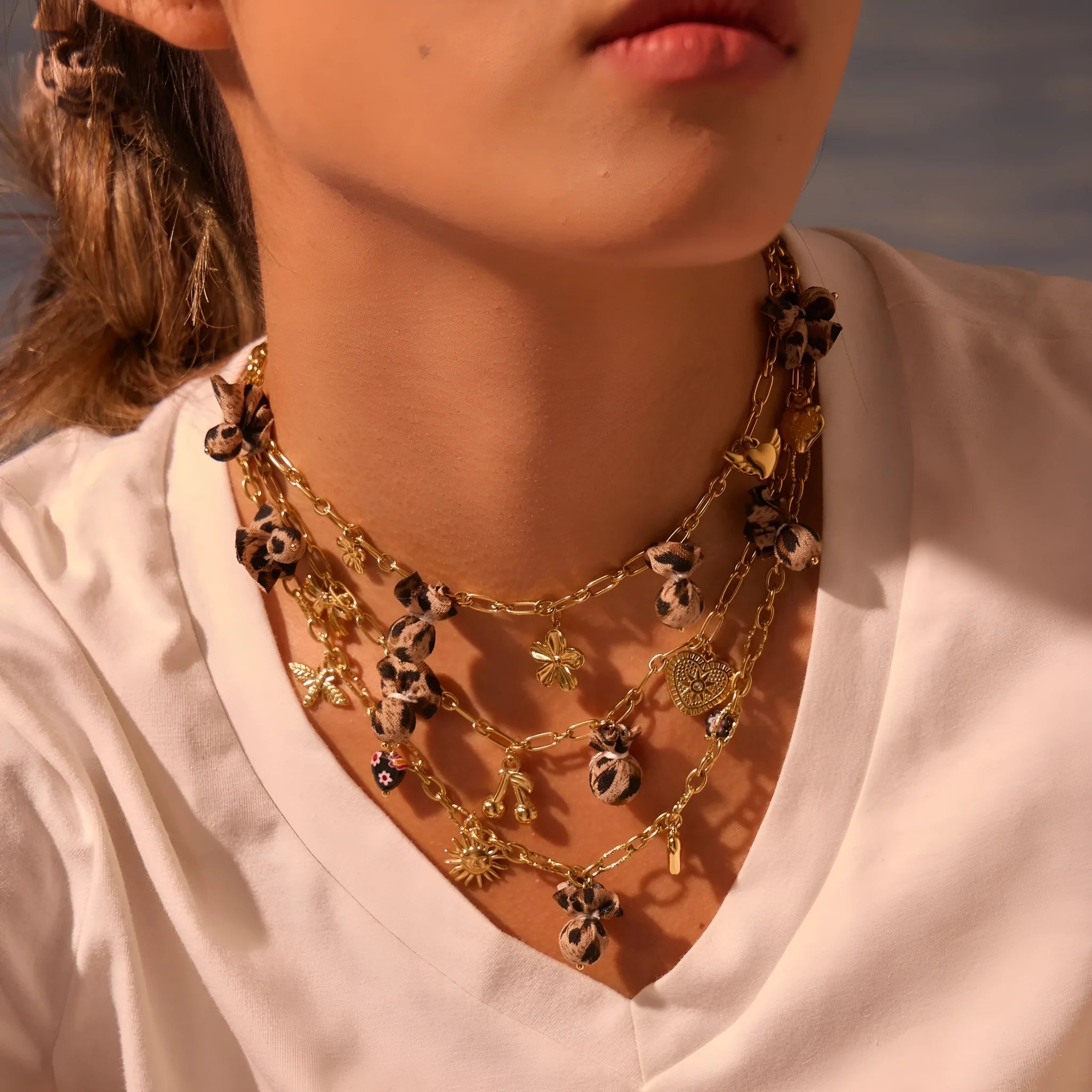 Women's gold-plated stainless steel necklace with leopard, love heart, and flowers pendant on an adjustable chain.