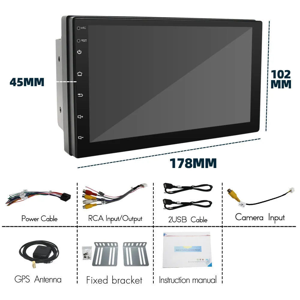 Universal car navigation radio with 7-inch touchscreen displaying GPS maps, black hardware plastic casing