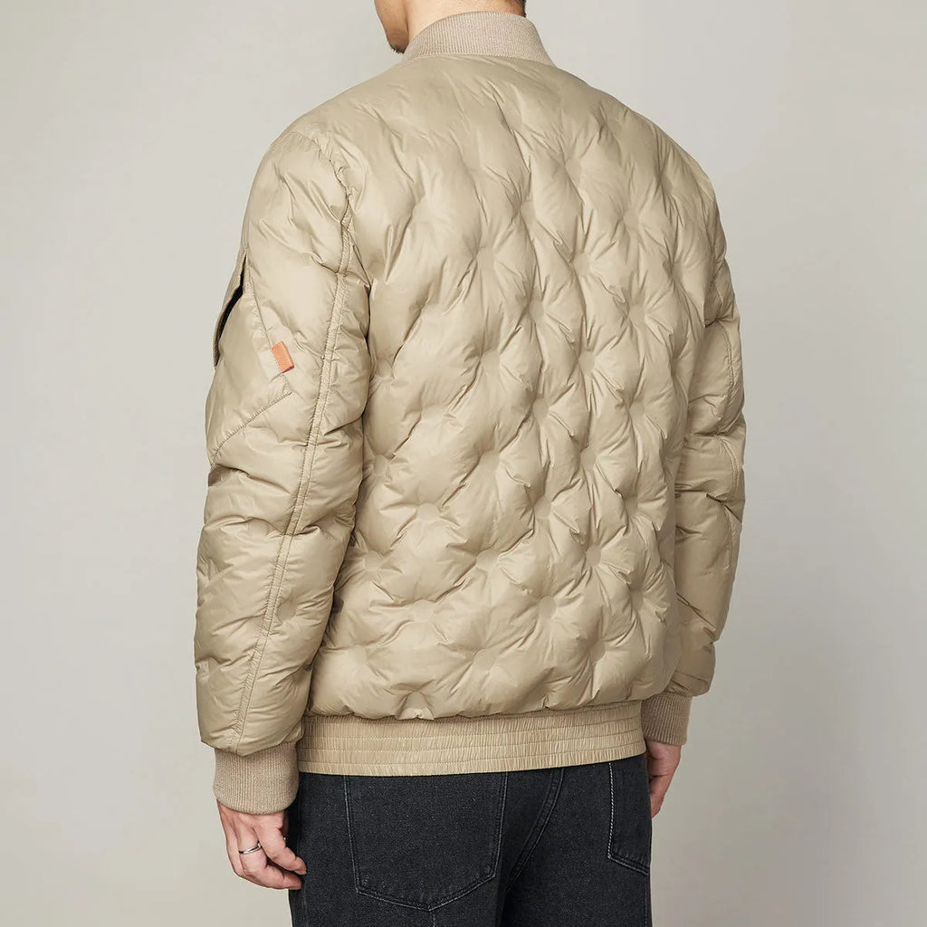 Men's gray duck down jacket with stand-up baseball collar and zip front, sizes M-3XL, black or khaki.