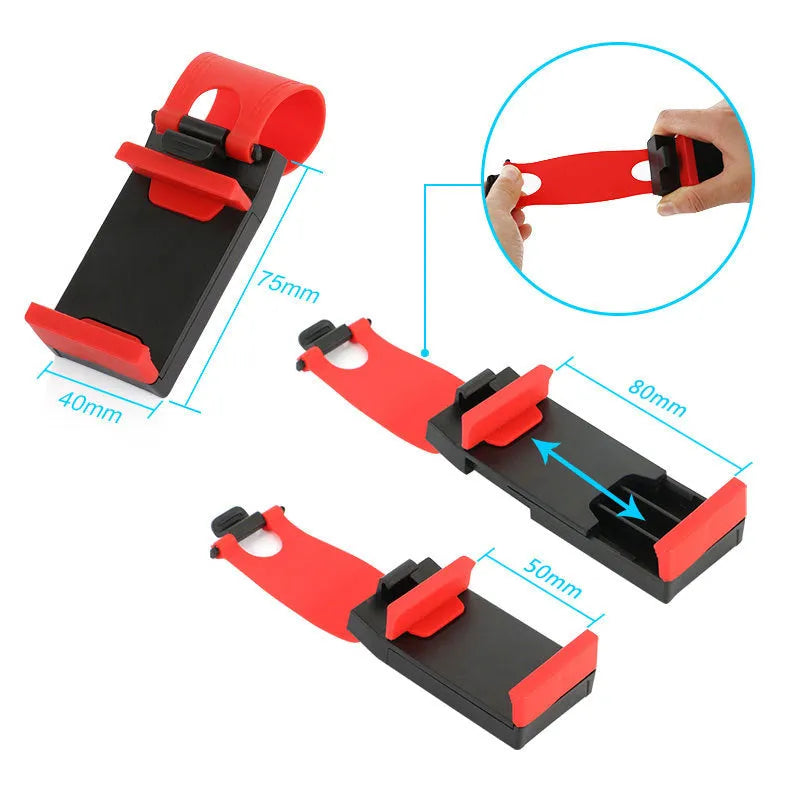 Black steering wheel phone mount with adjustable clip and 360-degree ball joint holding mobile device
