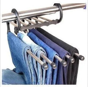 Black stainless steel 5-in-1 multi-functional trousers hanger with five booms on a clothes rack