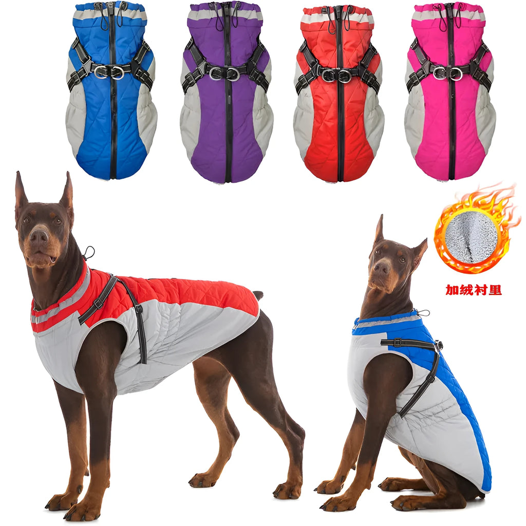 Fleece-lined waterproof zip-up dog jacket in blue, pink, purple or red, sizes S to 5XL