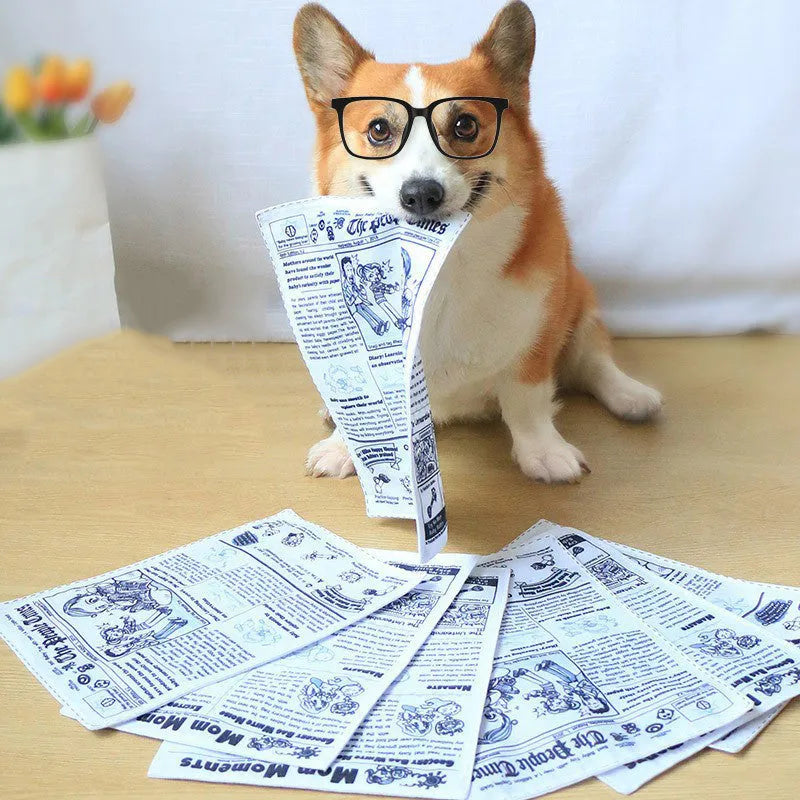 Tear-resistant dog toy with crinkly material in newspaper and playing card designs for small breeds.
