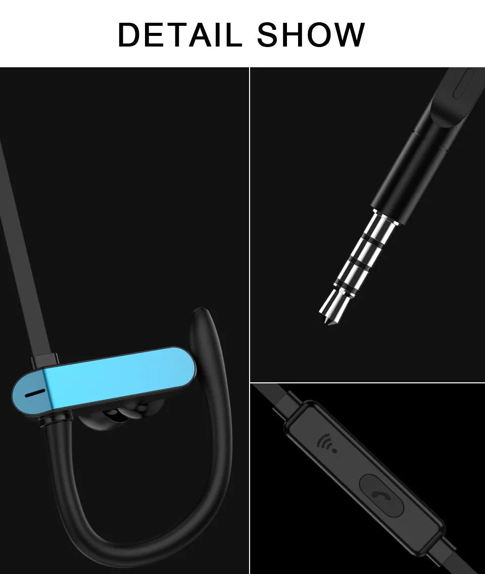 Sport running earhook earbuds with microphone in black blue, black gray, white gold, and white silver colours.