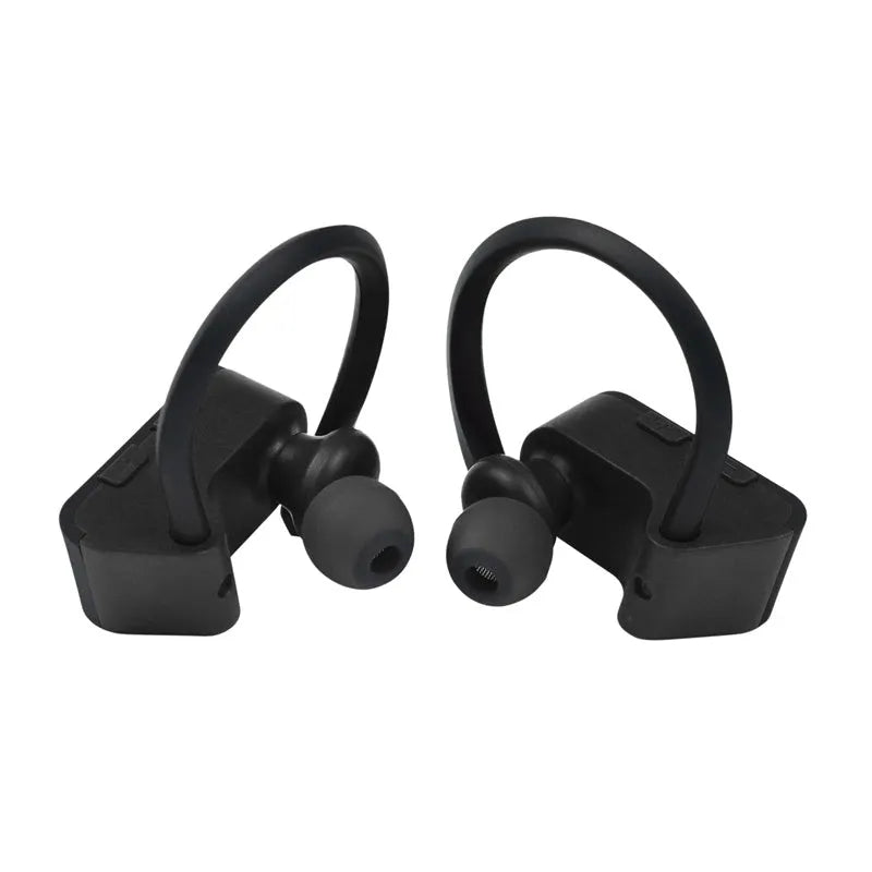 Black wireless Bluetooth earphones with silicone ear tips showing LED indicator and control buttons