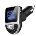 Black Bluetooth 5.0 FM transmitter car MP3 player with USB charger, digital display, and hands-free calling.