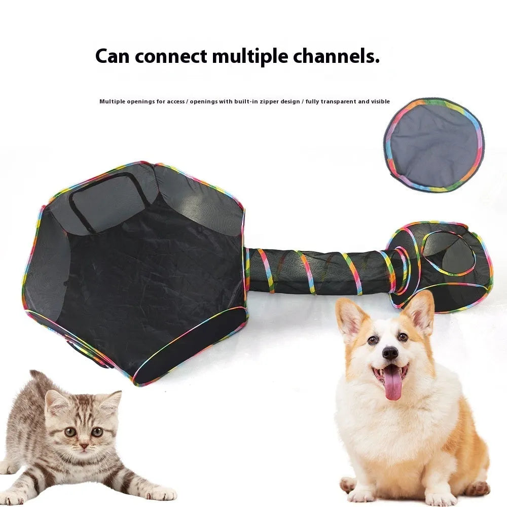 Foldable mesh cat roll cage in various shapes for pet play, including hexagonal and tent styles