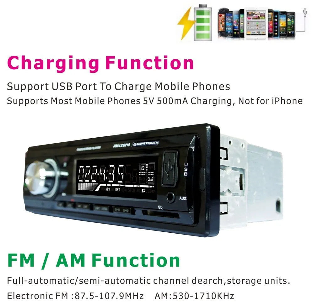 EZONETRONICS car Bluetooth FM MP3 stereo receiver with USB, SD, and AUX inputs on front panel.