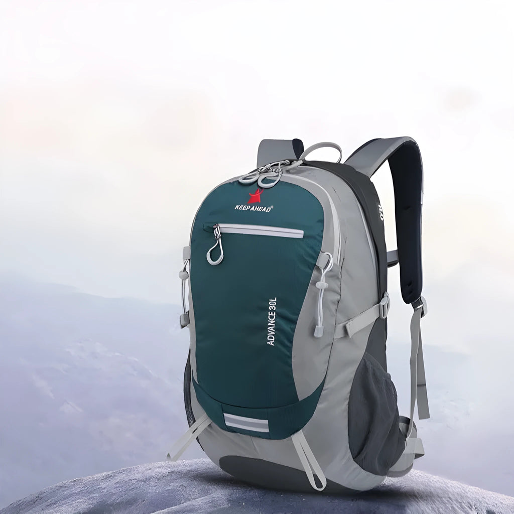 30 litre waterproof nylon backpack for outdoor sports in dark green colour with airpillow straps