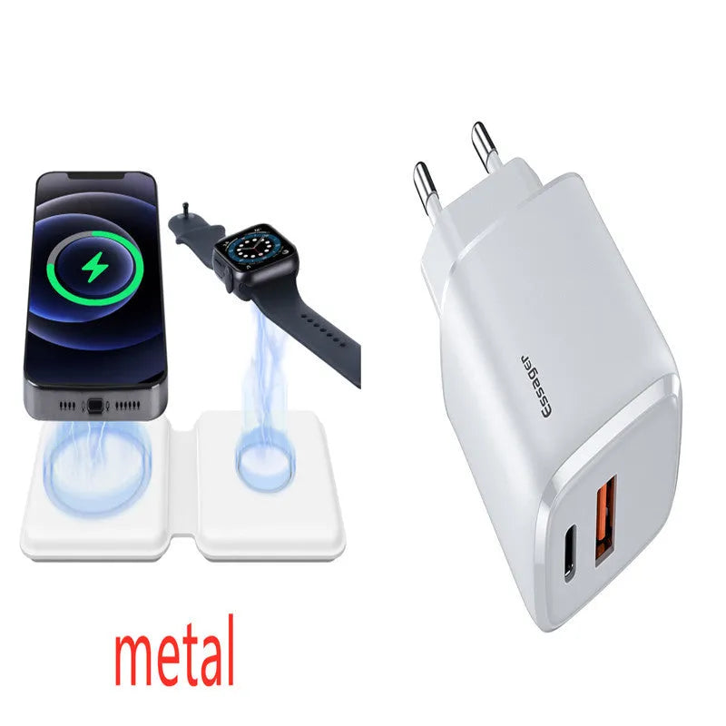 White magnetic wireless charger with foldable stand charging two smartphones simultaneously