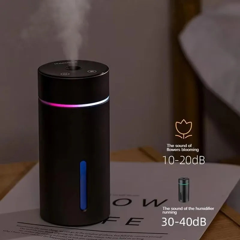Black portable car air humidifier with aluminium tank, 66x66x144mm size, and USB cable for essential oil diffusion
