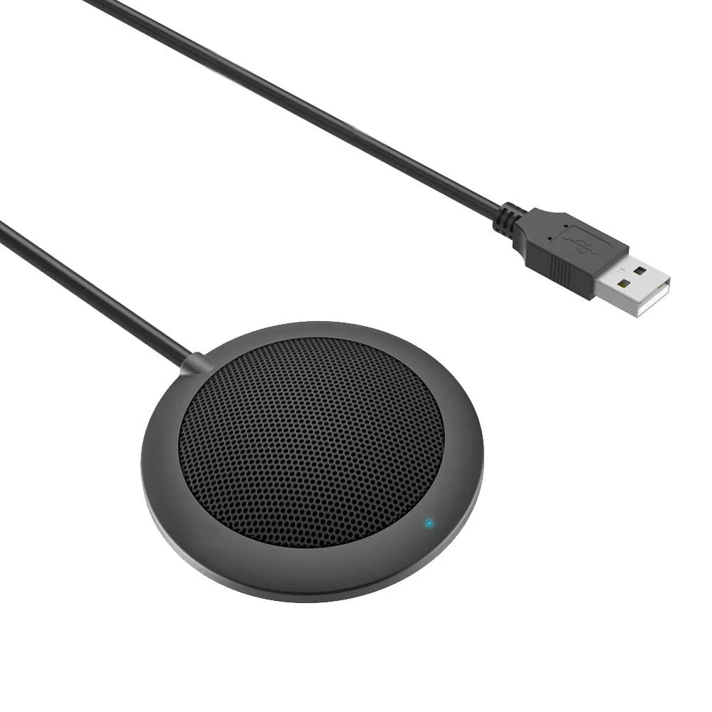 Black USB conference microphone with metal mesh cover and 70mm diameter