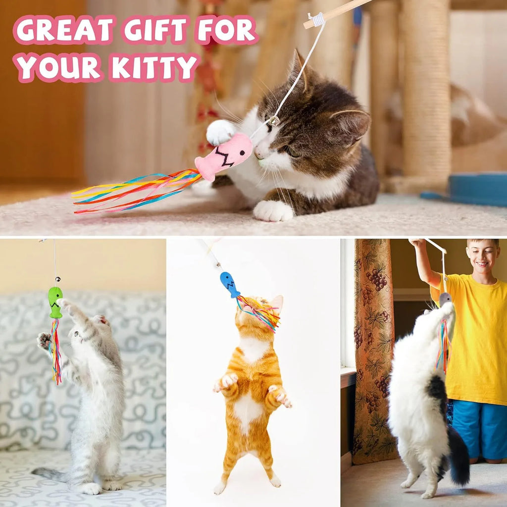 Cat wand toy with wooden handle, colourful ribbons, catnip attachment, and bell for interactive feline play