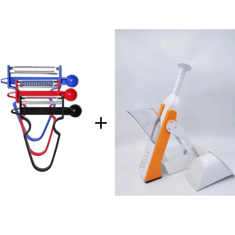 White and blue multifunctional vegetable slicer with stainless steel blades on kitchen counter