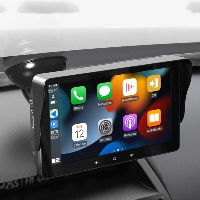 7-inch wireless CarPlay display with suction cup mount and cigarette lighter power cable