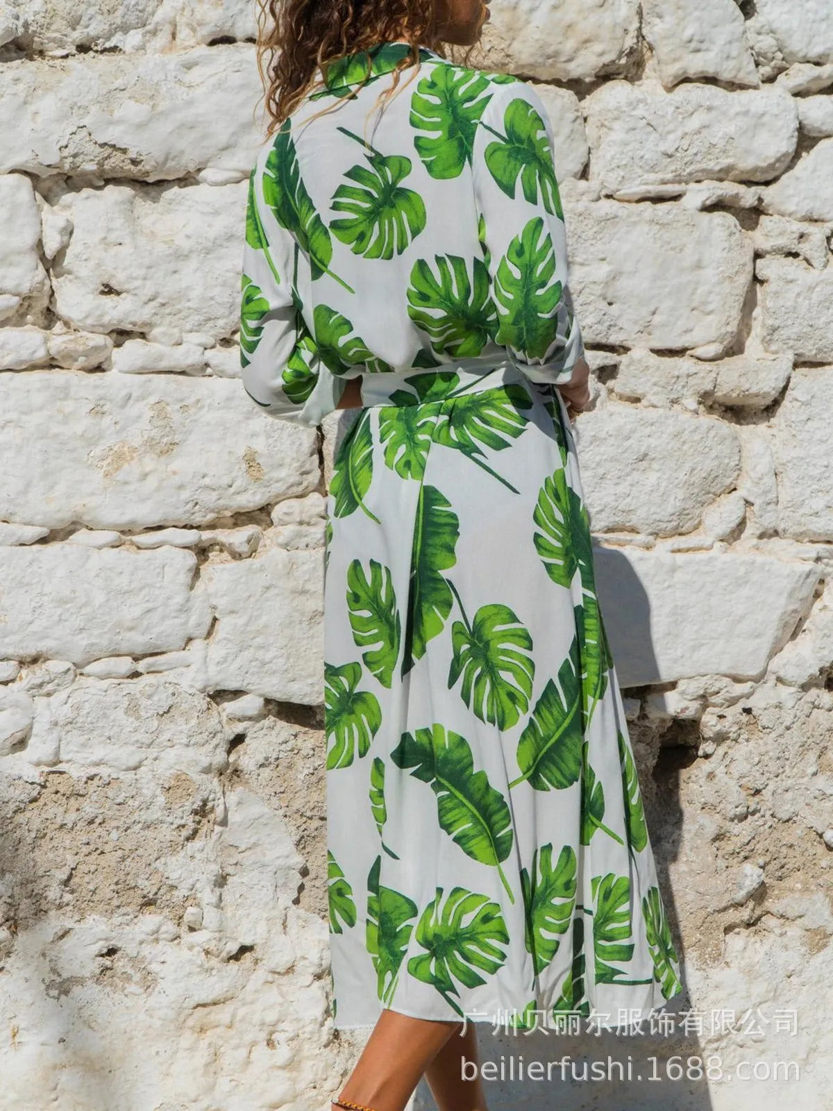 Printed chiffon dress with V-neck collar and A-line skirt in midi length