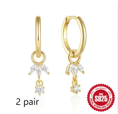 S925 sterling silver sunflower earrings with geometric shape and inlaid zircon stones in golden-three diamonds colour