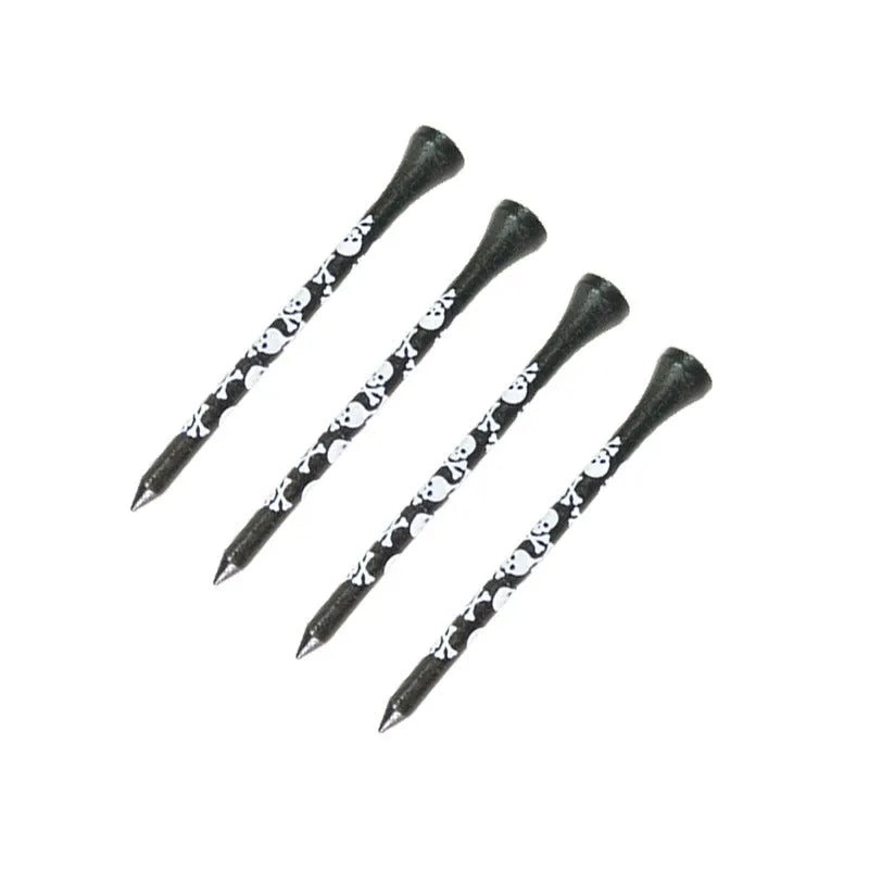 Ten black bamboo golf spike dowel pins with skull print, shown in 70mm and 83mm lengths.