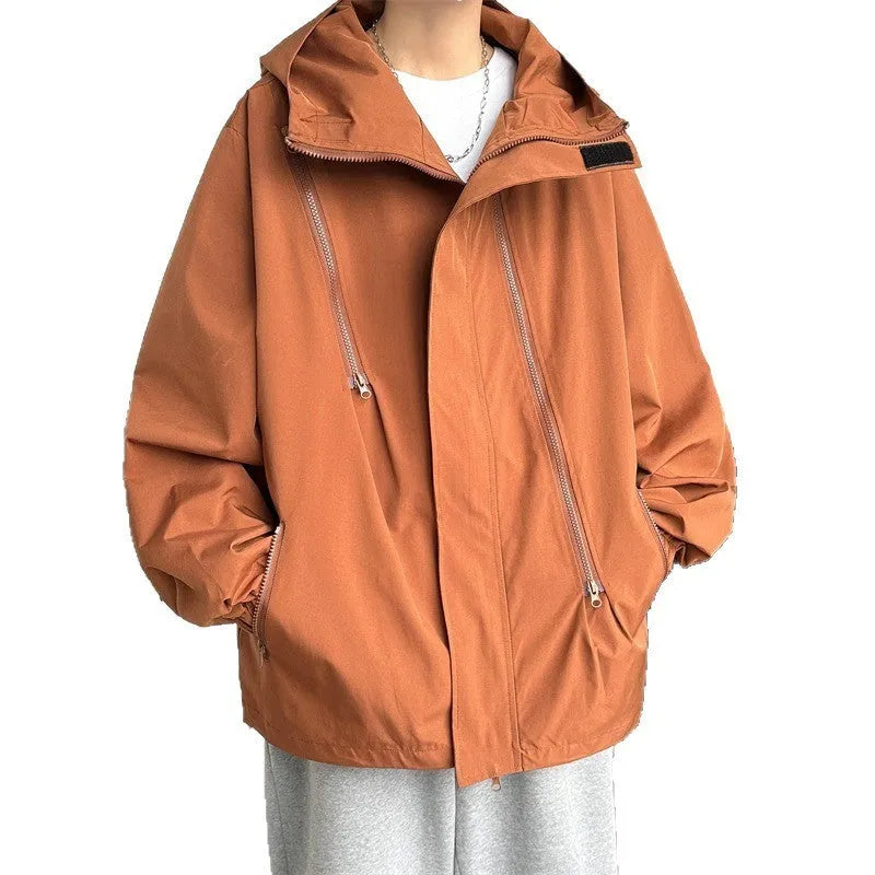 Men's waterproof windproof shell jacket in black, apricot, red or brown, long sleeve, side seam pockets, sizes M to 5XL