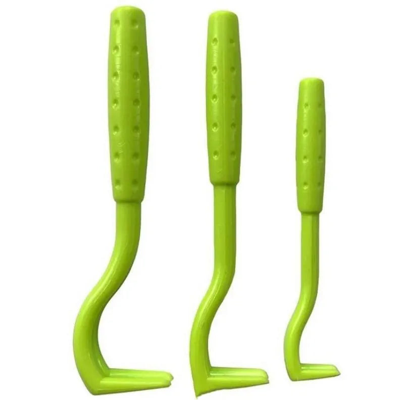 Three plastic tick removal hooks in blue and green colours for pet grooming, shown with size scale.