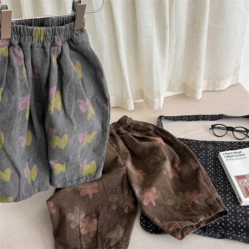 Pure cotton children's casual pants in grey or brown with high waist and hair band belt, sizes 80cm to 130cm