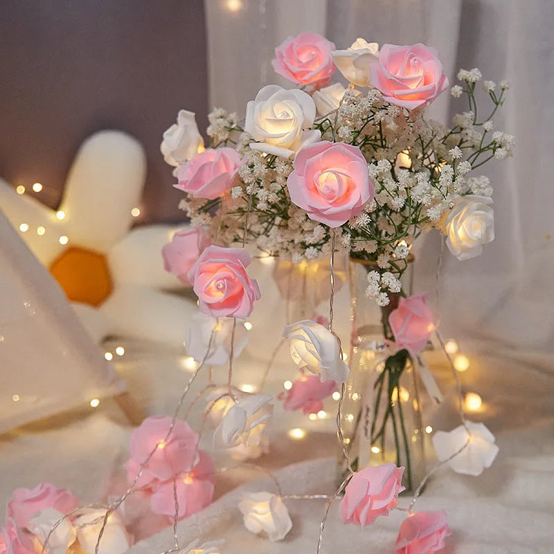 Battery-powered LED rose lights with PV foam construction for indoor holiday decoration in multiple colour options
